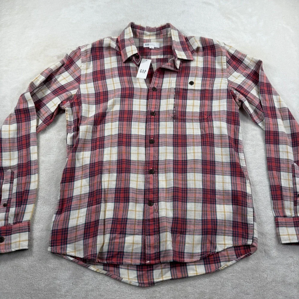 Gap Mens Small Untucked Fit Red Plaid Flannel Button Down Shirt New‎ NWT Cotton